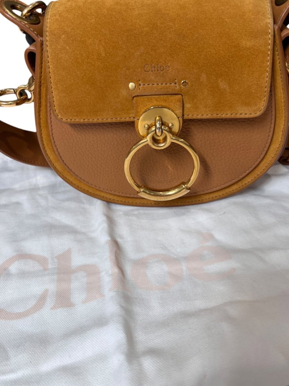 $2090 Chloe Camel Brown Suede Small Tess Gold Handbag Boho Crossbody - Picture 16 of 16